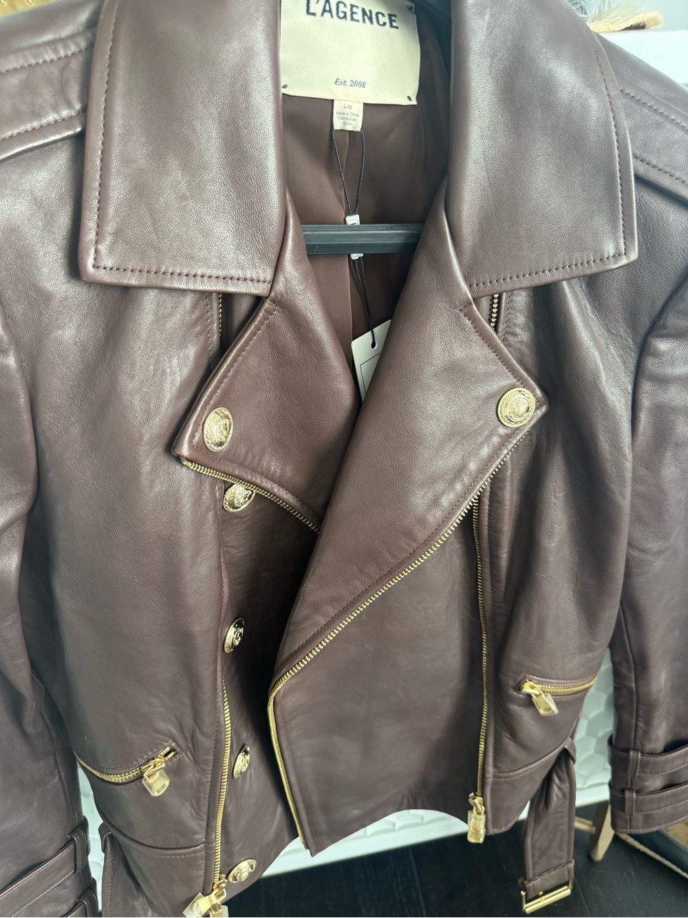 L'AGENCE Chocolate Brown Leather Moto Jacket with Gold Hardware  NEW WITH TAGS